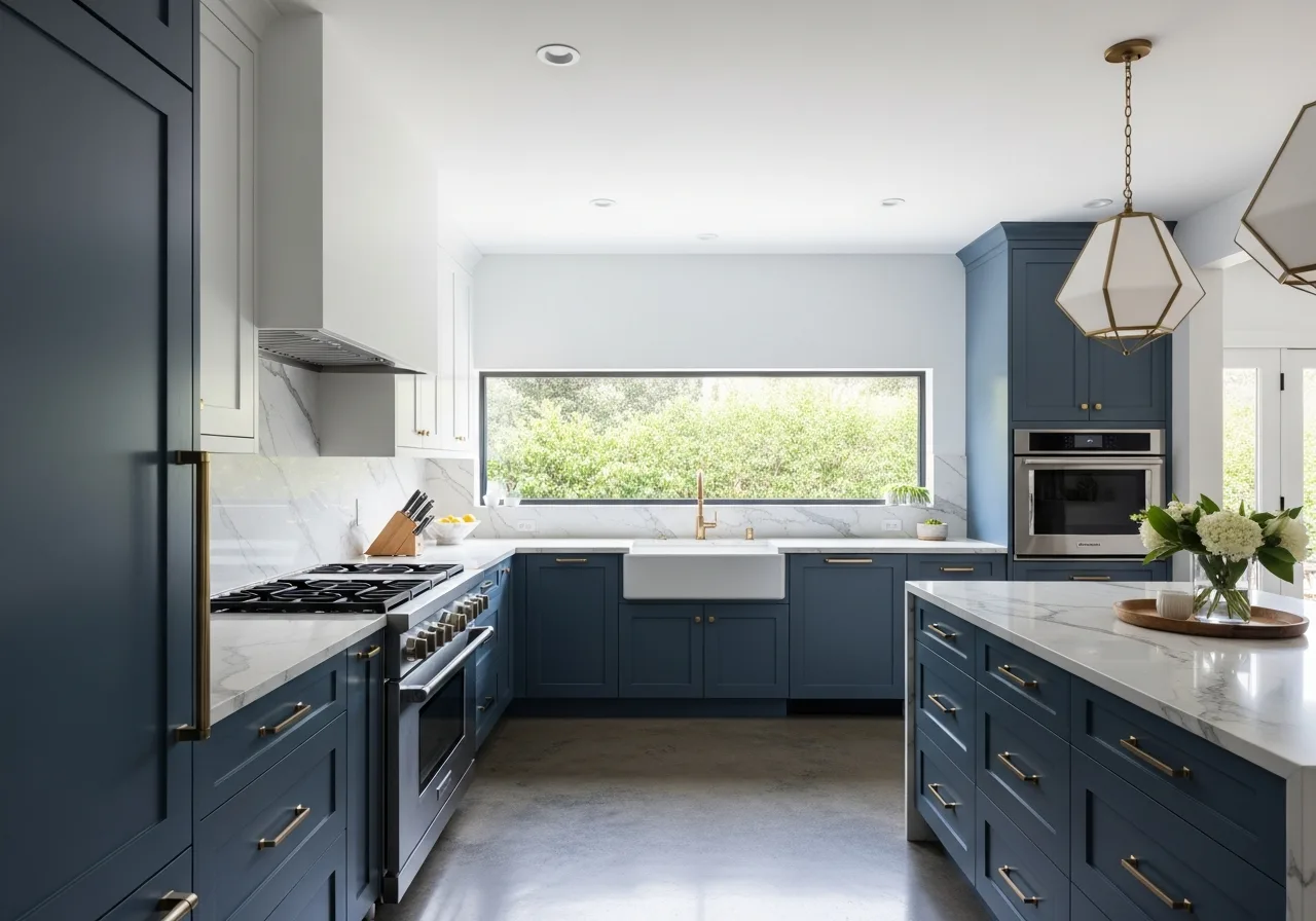 Modern kitchen with navy blue cabinets