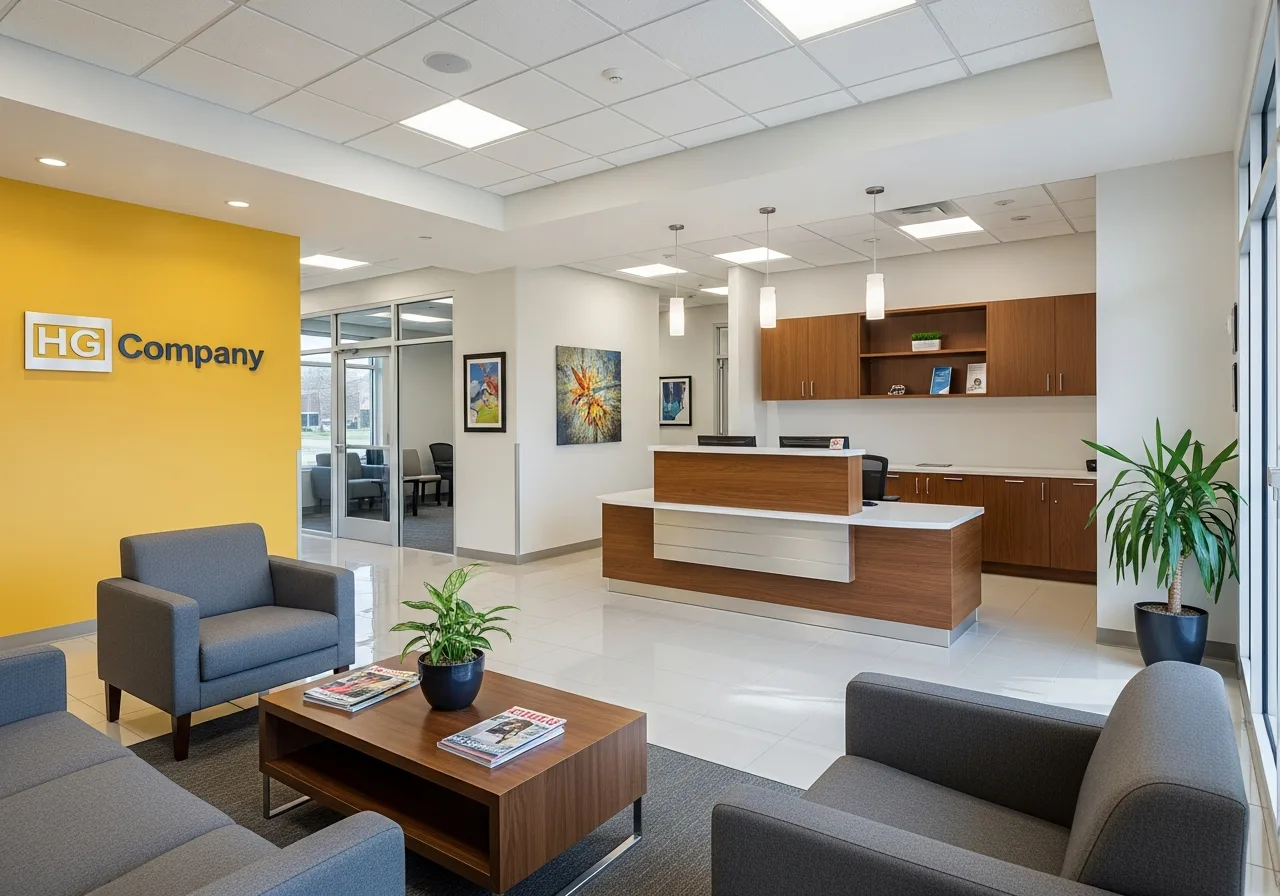 Office reception area with painted logo