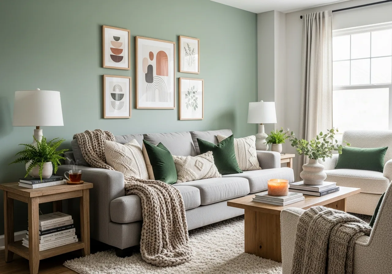 Living room with sage green feature wall